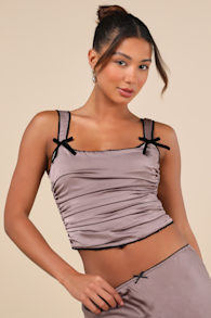 Stan Taupe Satin Ruched Crop Top 1