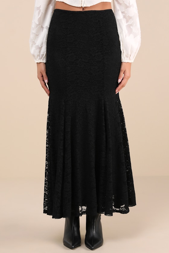 Lulus Passionate Statement Black Floral Lace Mermaid Midi Skirt In Black