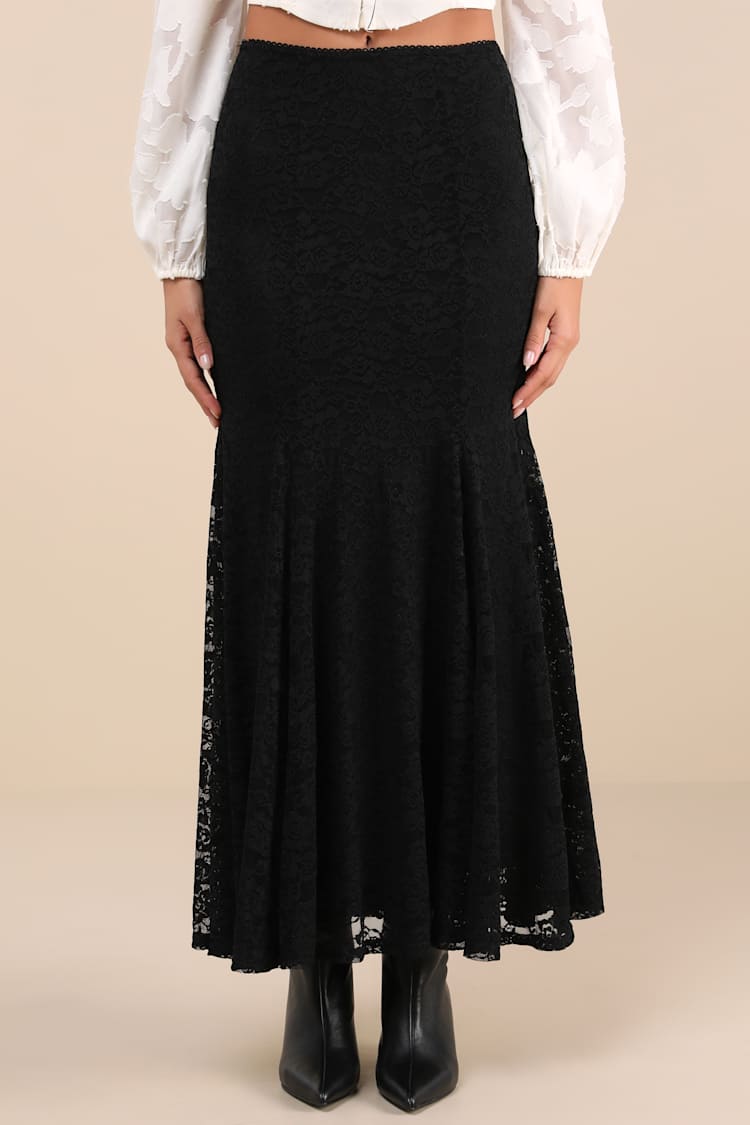 Passionate Statement Black Floral Lace Mermaid Midi Skirt