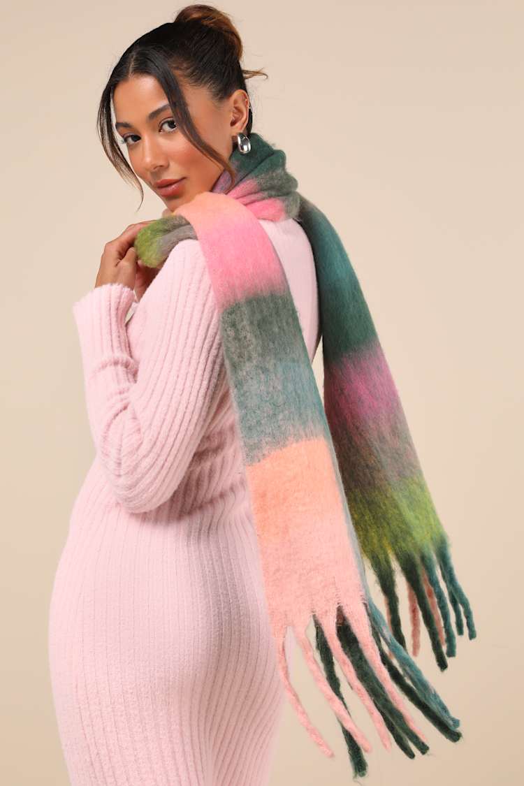 Wintertime Babe Green Multi Plaid Oversized Scarf