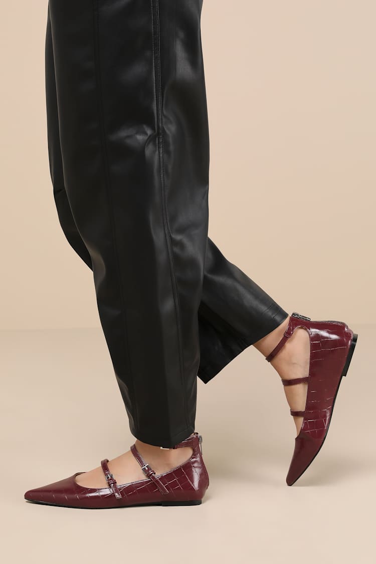 Burgundy Croc-Embossed Flats - Red Flats - Ankle Strap Flats - Lulus
