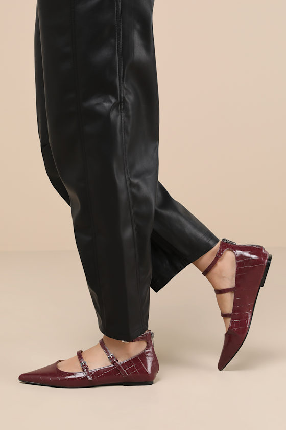 Paysen Burgundy Crocodile-Embossed Ankle Strap Ballet Flats 5