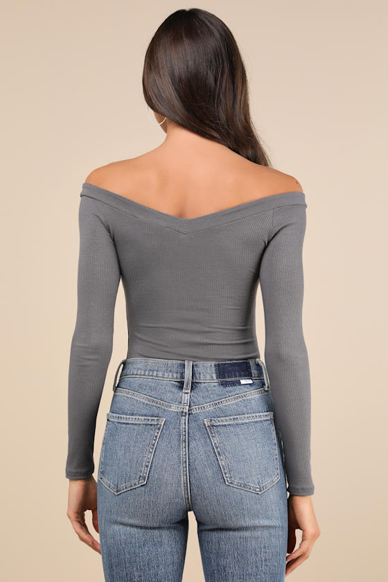 LULUS SIMPLY POLISHED DARK GREY RIBBED OFF-THE-SHOULDER BODYSUIT