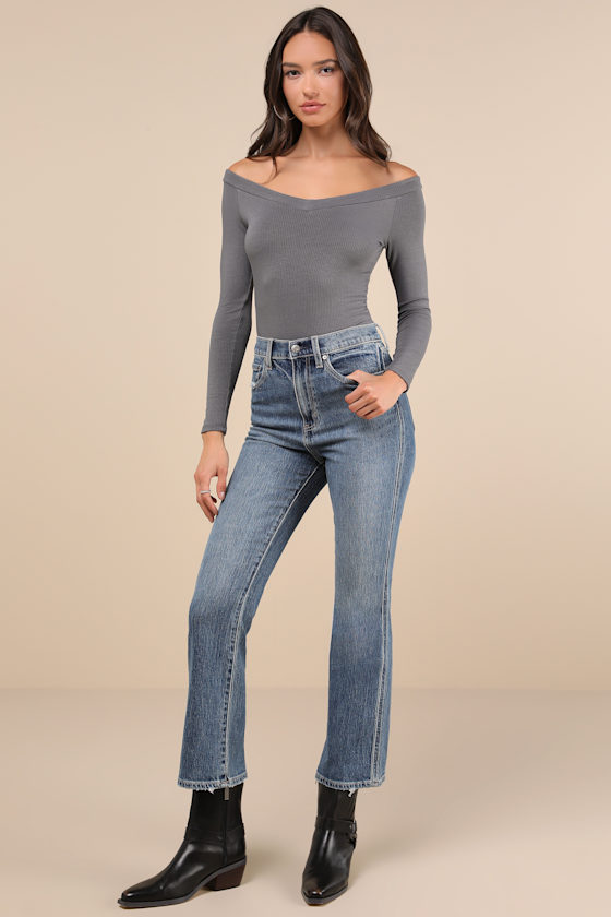LULUS SIMPLY POLISHED DARK GREY RIBBED OFF-THE-SHOULDER BODYSUIT