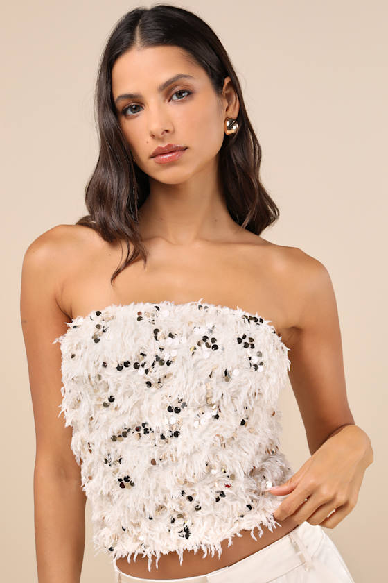 Dazzling Sense Beige and Gold Sequin Fringe Strapless Crop Top 5