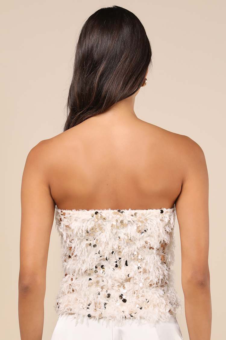 Dazzling Sense Beige and Gold Sequin Fringe Strapless Crop Top