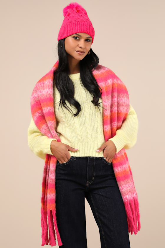 Perfect Winter Pink and Orange Plaid Scarf and Hat Set 2