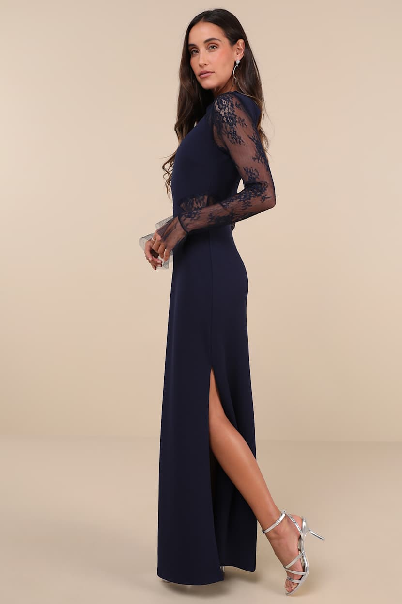 Bragging Rights Navy Lace Long Sleeve Column Maxi Dress