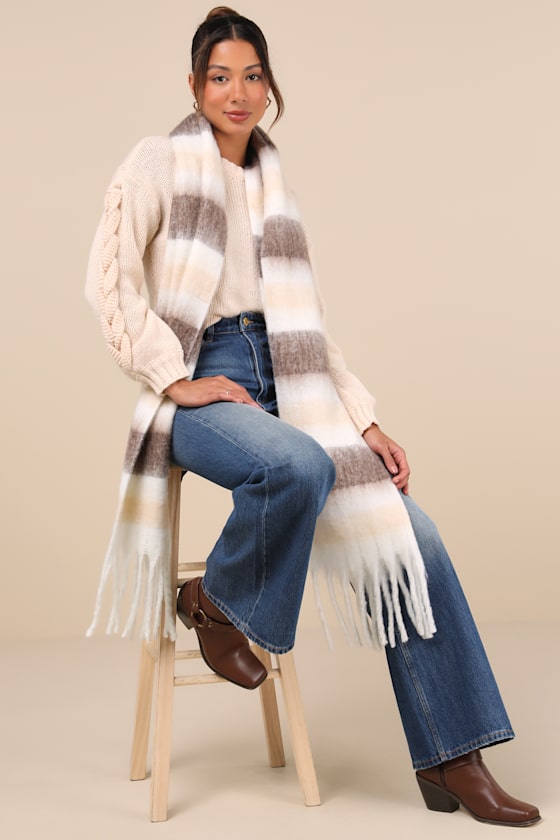 Ivory Striped Blanket Scarf - Oversized Scarf - Brushed Scarf - Image 3