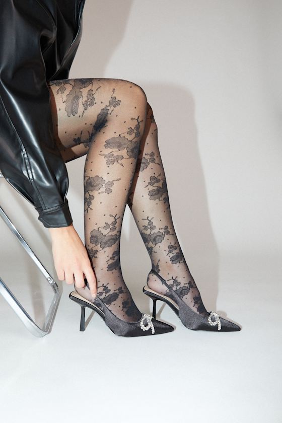 360 Contour Black Sheer Floral Tights