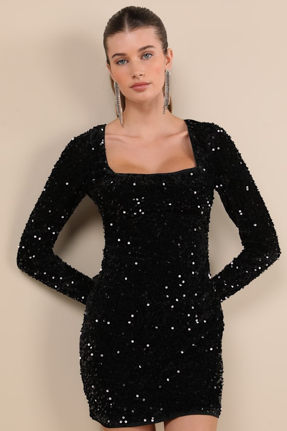 Lulus Marvelous Radiance Black Sequin Cutout Long Sleeve Mini Dress In Black