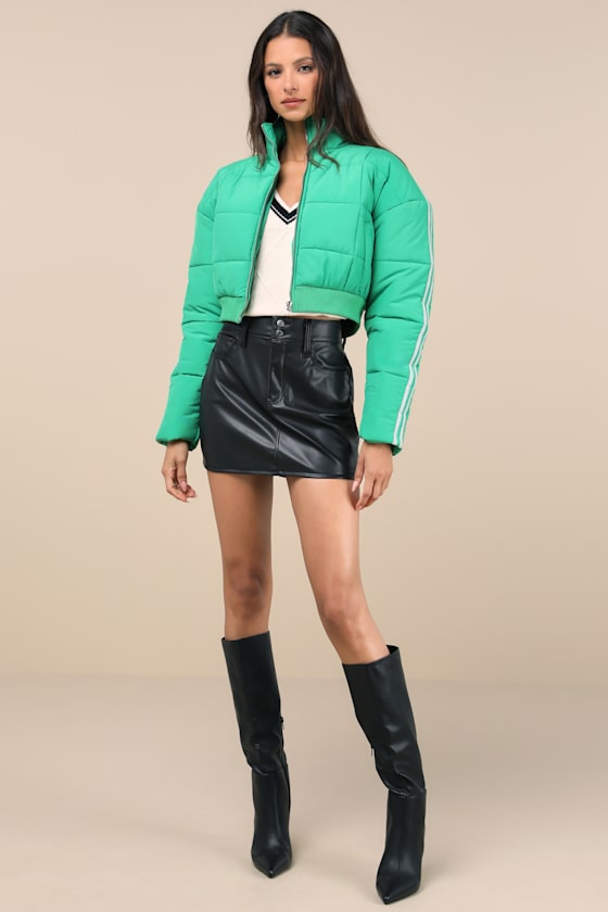 Lulus Impressively Posh Green Nylon Quilted Cropped Puffer Jacket In Green