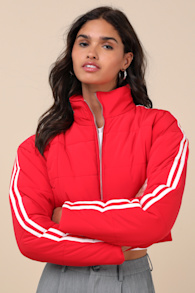 Impressively Posh Red Nylon Quilted Cropped Puffer Jacket 1