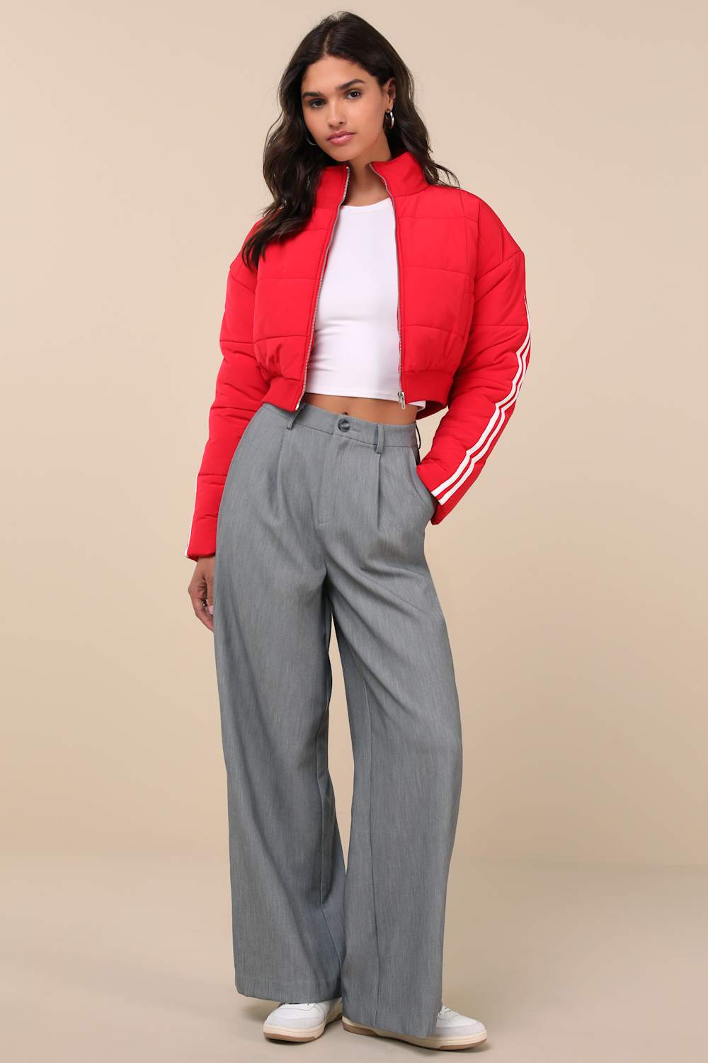 Impressively Posh Red Nylon Quilted Cropped Puffer Jacket