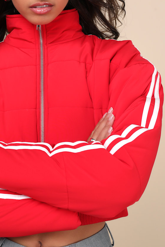 Lulus Impressively Posh Red Nylon Quilted Cropped Puffer Jacket In Red