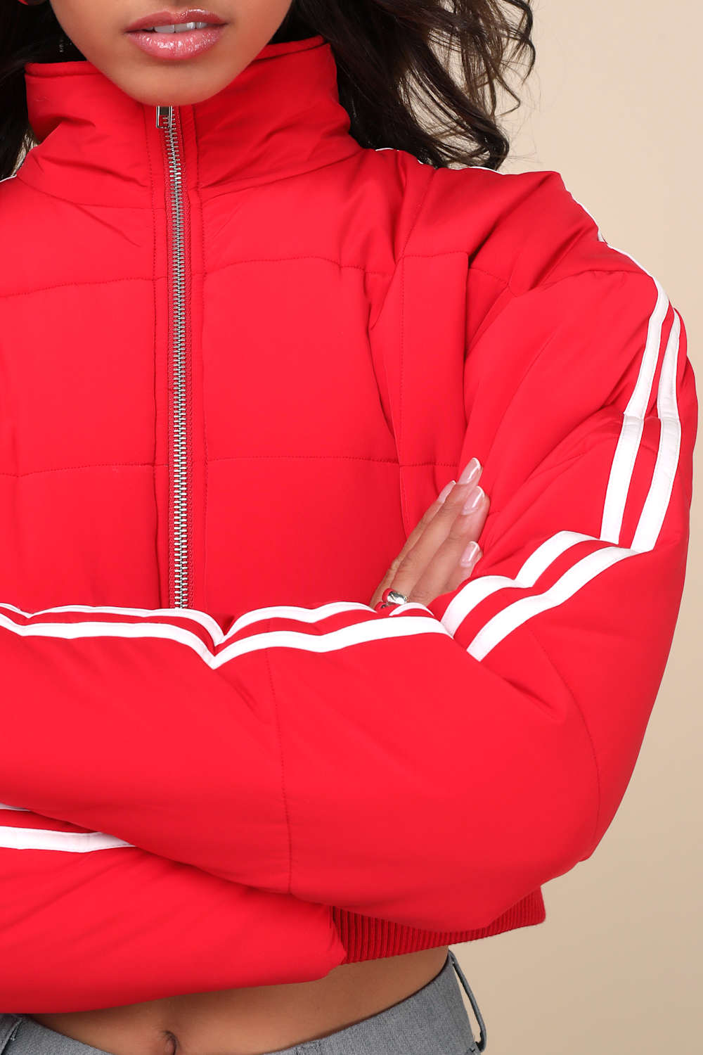 Impressively Posh Red Nylon Quilted Cropped Puffer Jacket