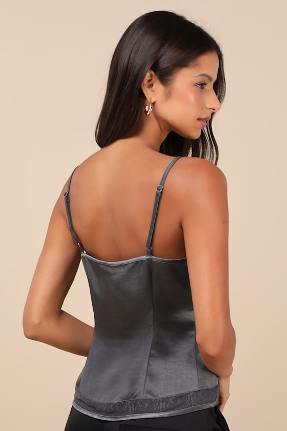 Lulus Sleek Cutie Dark Grey Satin Lace Button-front Cami Top In Dark Grey