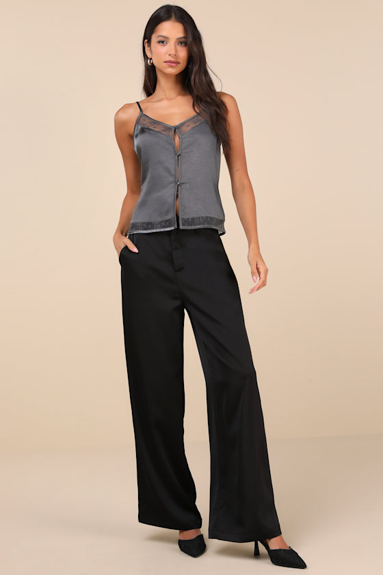 Lulus Sleek Cutie Dark Grey Satin Lace Button-front Cami Top In Dark Grey
