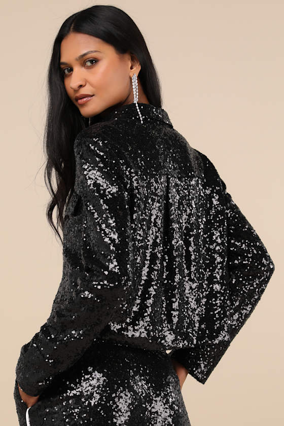 LULUS SPARKLY MOOD BLACK SEQUIN COLLARED CROP TOP