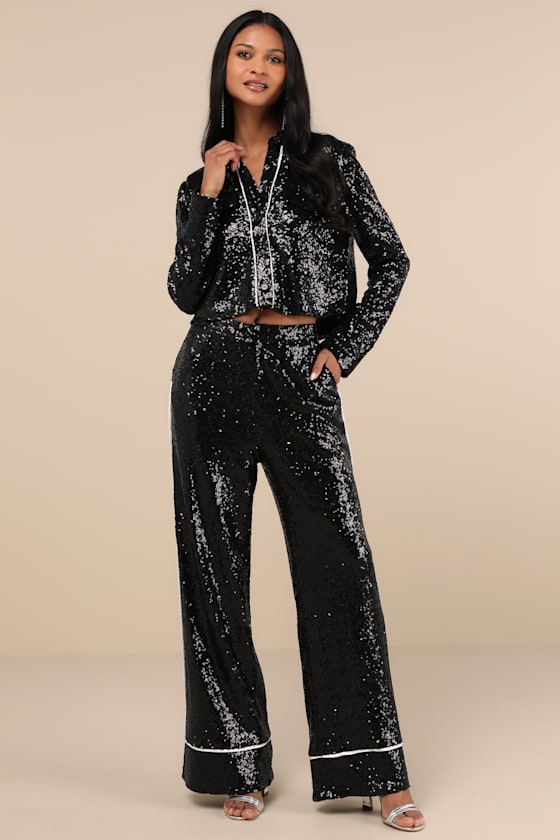 LULUS SPARKLY MOOD BLACK SEQUIN COLLARED CROP TOP