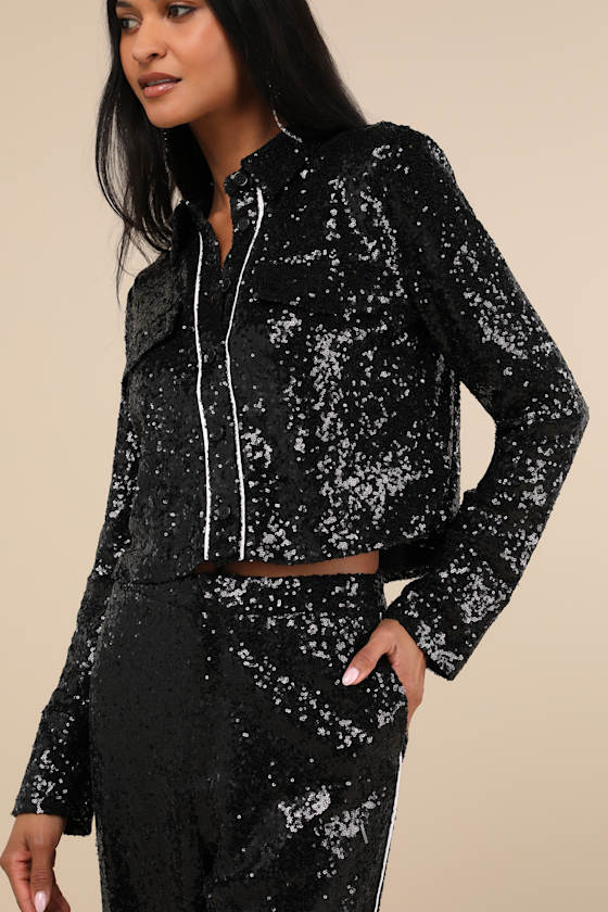 LULUS SPARKLY MOOD BLACK SEQUIN COLLARED CROP TOP