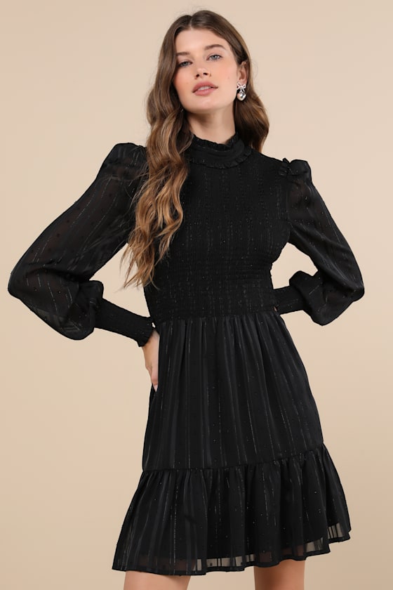 Heartful Romance Black Striped Smocked Long Sleeve Mini Dress 1