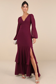 Tier Elegance Plum Purple Long Sleeve Tiered Maxi Dress