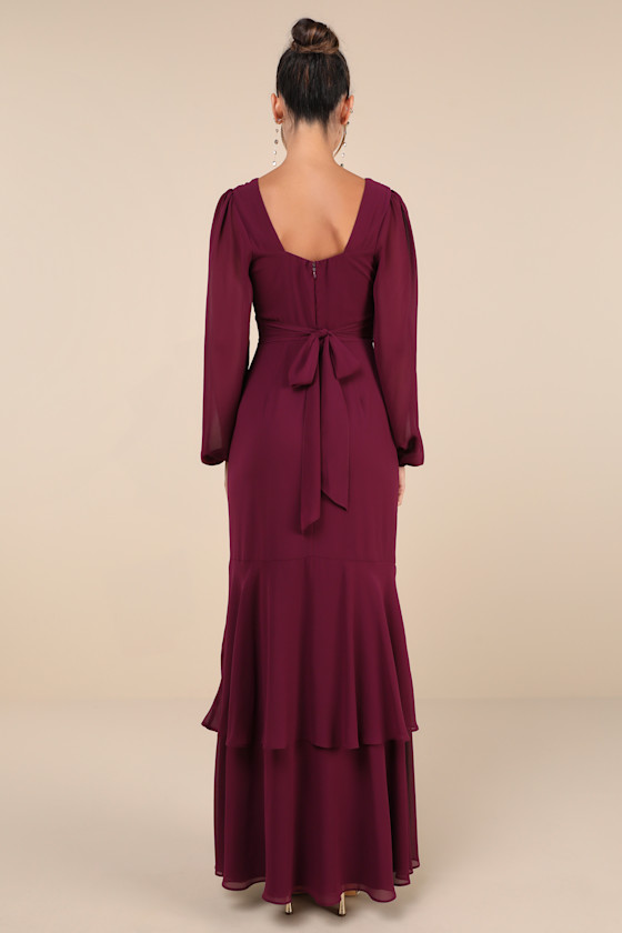 Lulus Tier Elegance Plum Purple Long Sleeve Tiered Maxi Dress In Plum Purple