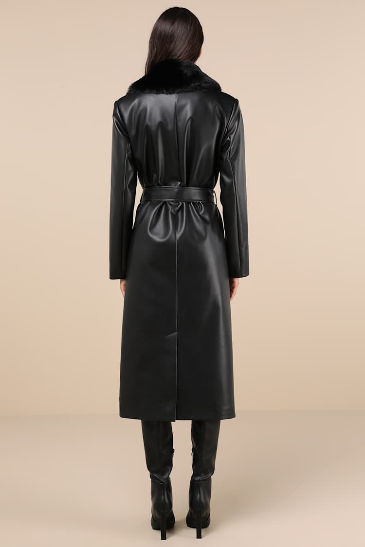 Iconic Experience Black Vegan Leather Faux Fur Trench Coat