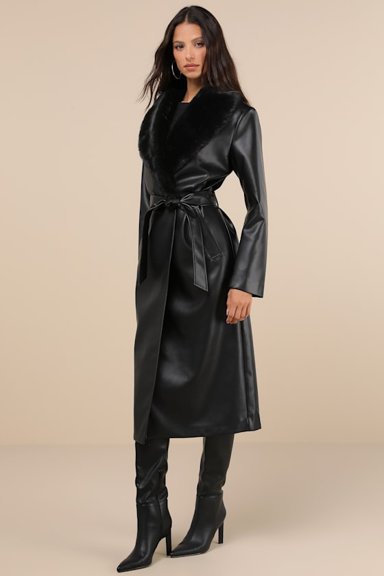 Black Vegan Leather Coat - Black Trench Coat - Faux Fur Trim