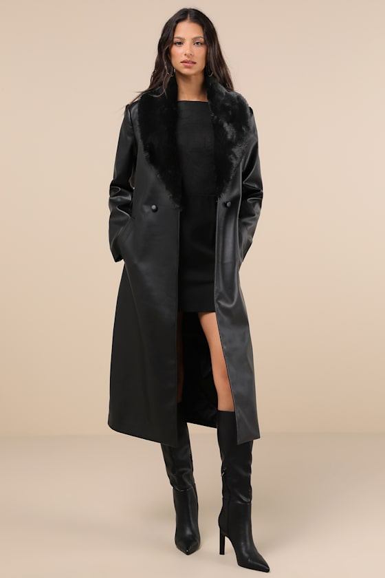 Lulus Iconic Experience Black Vegan Leather Faux Fur Trench Coat In Black