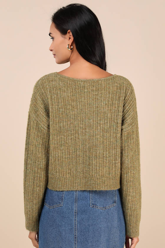 Lulus Cozy Composure Olive Marled Cropped Pullover Sweater In Green