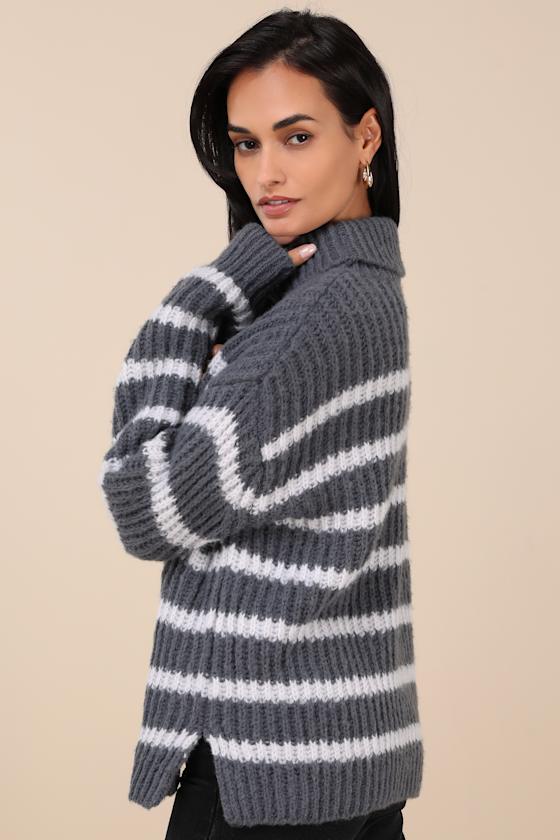 Lulus Cooler Forecast Grey And White Striped Turtleneck Sweater In Grey And White