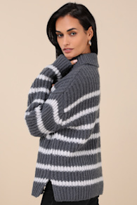 Cooler Forecast Grey and White Striped Turtleneck Sweater 1