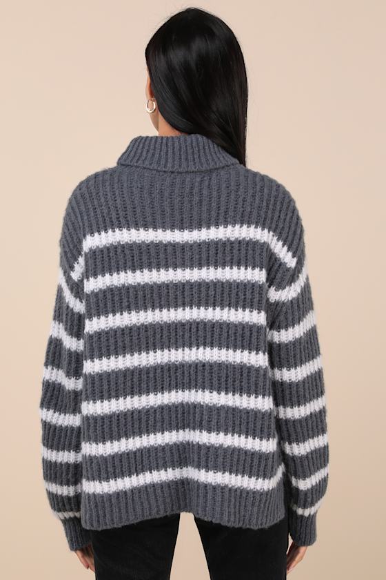 Lulus Cooler Forecast Grey And White Striped Turtleneck Sweater In Grey And White