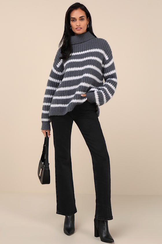 Lulus Cooler Forecast Grey And White Striped Turtleneck Sweater In Grey And White