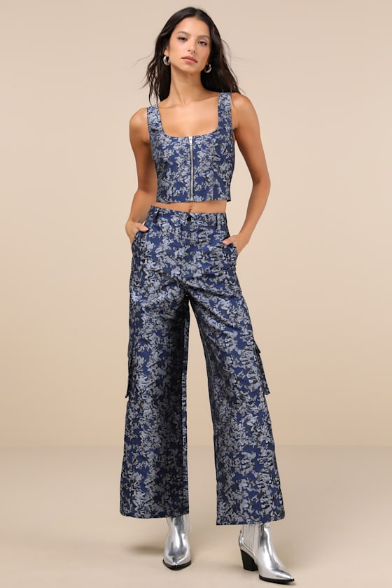 Lulus Aesthetic Confidence Navy Jacquard Cargo Pants In Navy