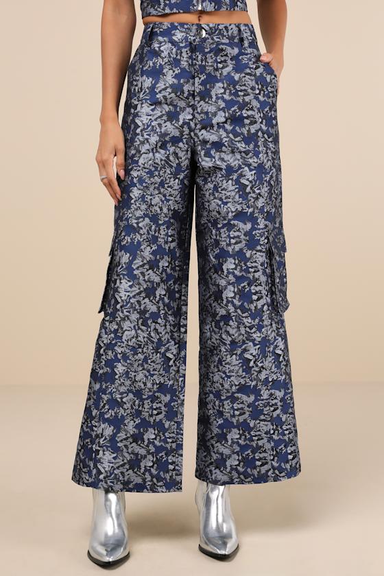 Lulus Aesthetic Confidence Navy Jacquard Cargo Pants In Navy