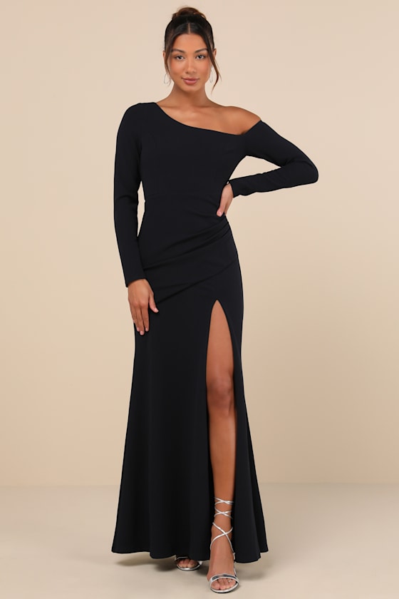 Lulus Elegant Sensation Navy Blue Asymmetrical Pleated Maxi Dress In Navy Blue