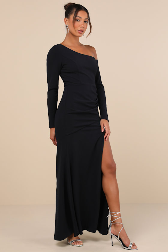 Lulus Elegant Sensation Navy Blue Asymmetrical Pleated Maxi Dress In Navy Blue