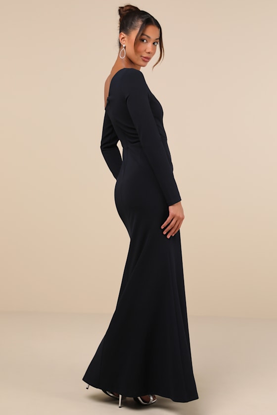 Lulus Elegant Sensation Navy Blue Asymmetrical Pleated Maxi Dress In Navy Blue