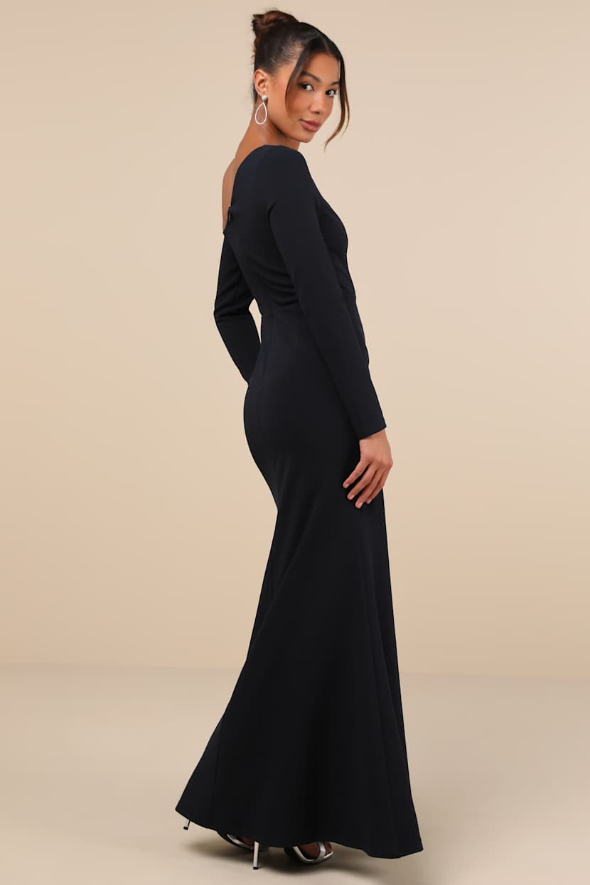 Elegant Sensation Navy Blue Asymmetrical Pleated Maxi Dress