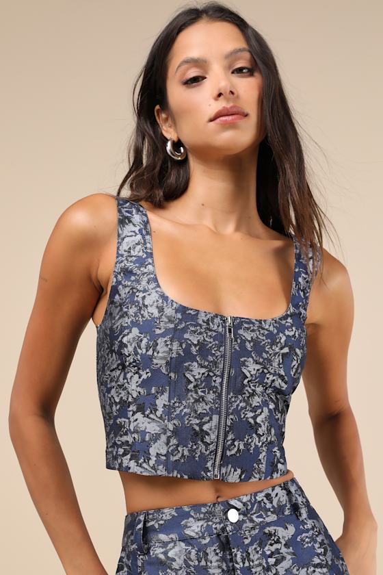 Lulus Aesthetic Confidence Navy Jacquard Sleeveless Top In Navy