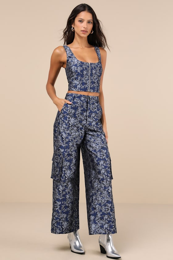 Lulus Aesthetic Confidence Navy Jacquard Sleeveless Top In Navy
