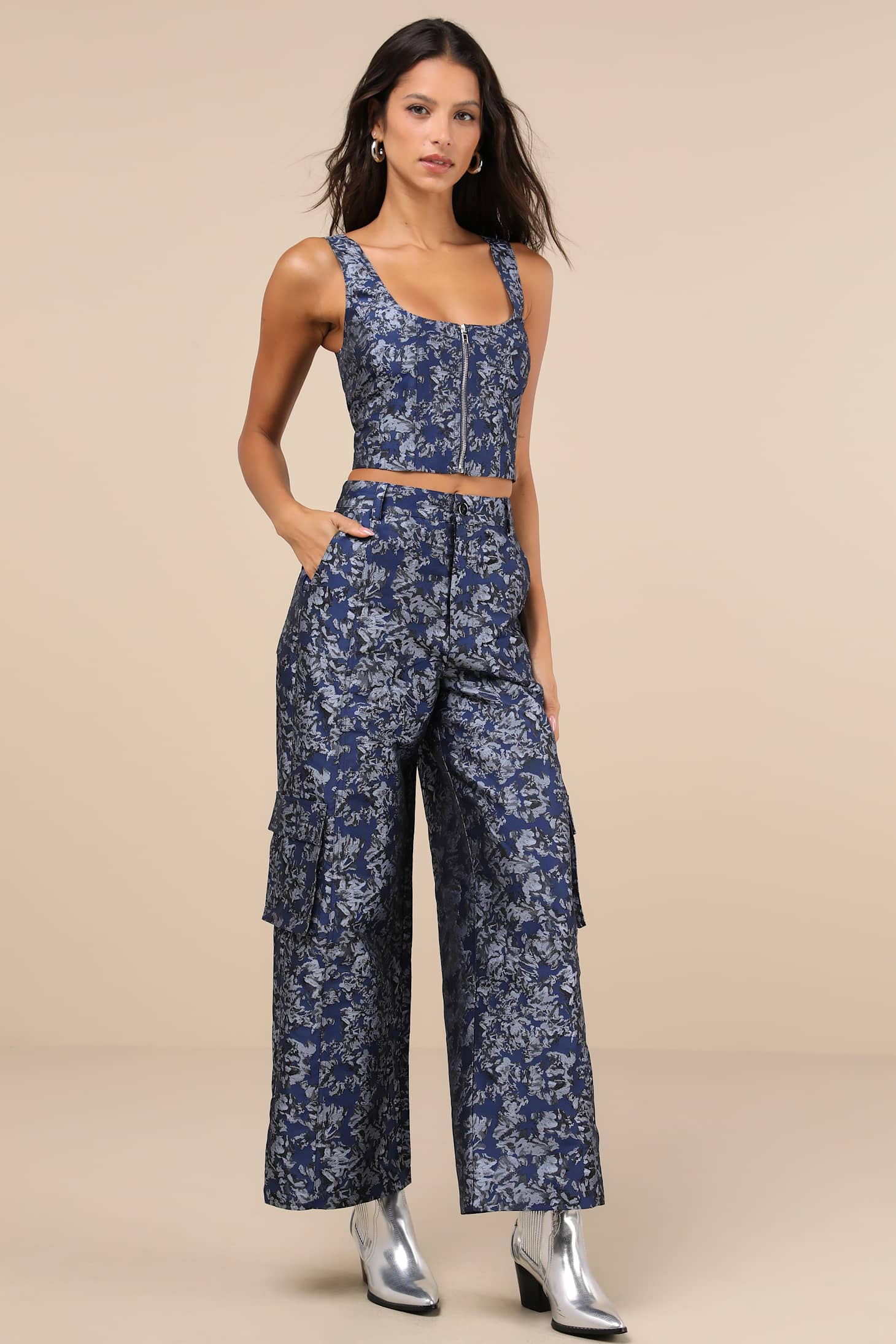 Aesthetic Confidence Navy Jacquard Sleeveless Top