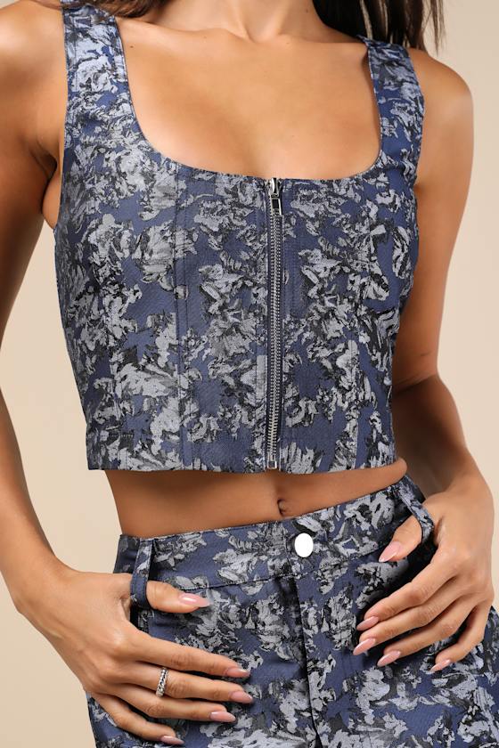 Lulus Aesthetic Confidence Navy Jacquard Sleeveless Top In Navy