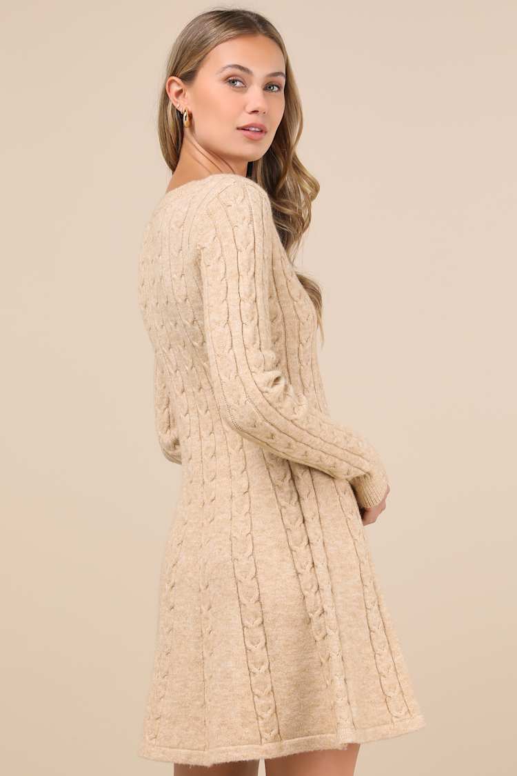 Sweetly Seasonal Beige Cable Knit Sweater Mini Dress