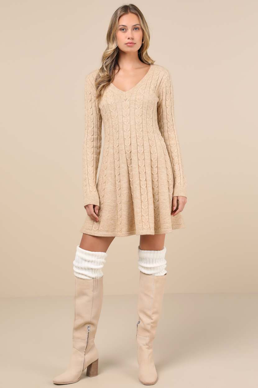 Sweetly Seasonal Beige Cable Knit Sweater Mini Dress