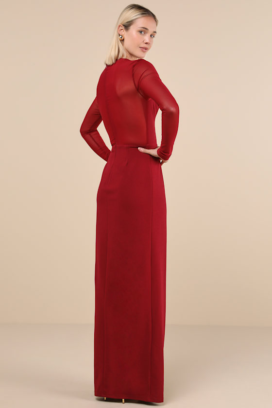 【YOURNUS】Suki Rouge Long Sleeve Burgundy Dress - Long Sleeve Maxi Dress - Sheer Décolletage