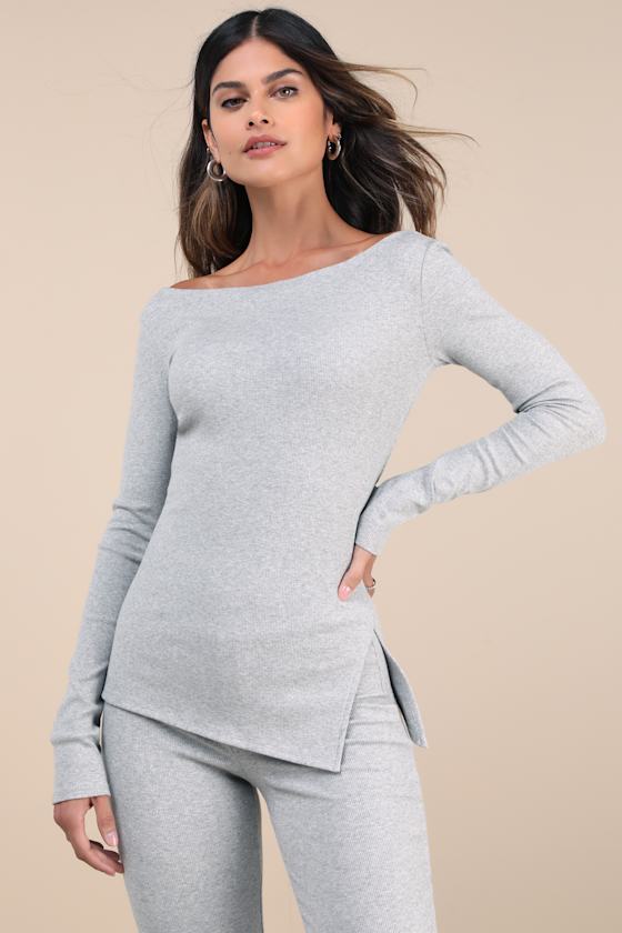 Frankies Bikinis Talia Heather Grey Ribbed Long Sleeve Top
